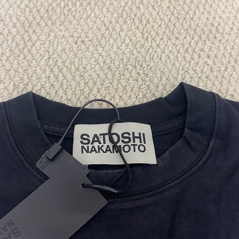 Real Photo Oversize SATOSHI Tshirts Washed Worn Damaged Cracked Retro Print Cotton Black Round Neck Short Sleeve Men Women Tops
