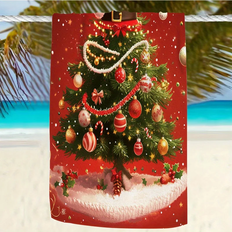 Vintage Decorated Xmas Tree Bauble Garland Snowy Base Graphic Beach Towel Red Background Seasonal Holiday Soft Pool Bath Towel