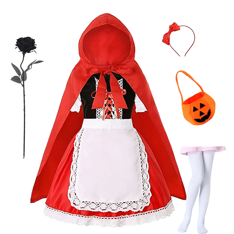 Kids Halloween Costume Little Red Riding Hood Clothes Carnival Party Dresses for Girls Vampire Cosplay Gown Holiday Gift