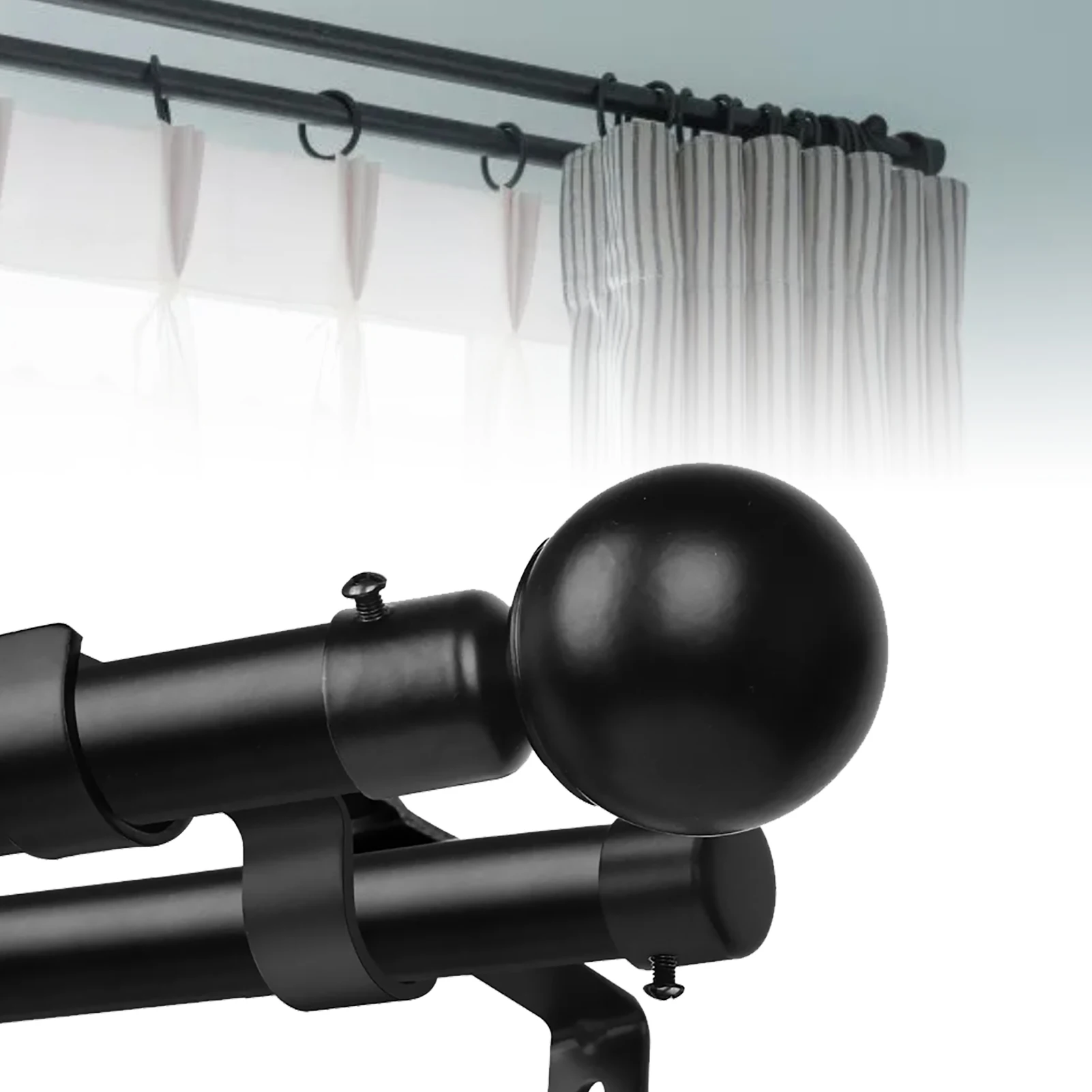Blackout Rod Double Curtain Rod Modern Sturdy Metal Ball End Extendable Dual Drapery Rod for Kitchen Bedroom Window  Black