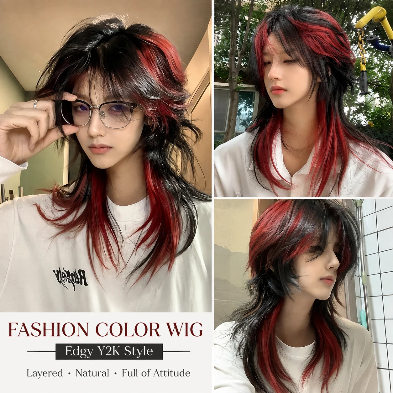 Japanese Style Wolf Cut Mullet Wig, Layered Collarbone Hair with Gradient Highlights, Unisex Full Head Synthetic Wig
