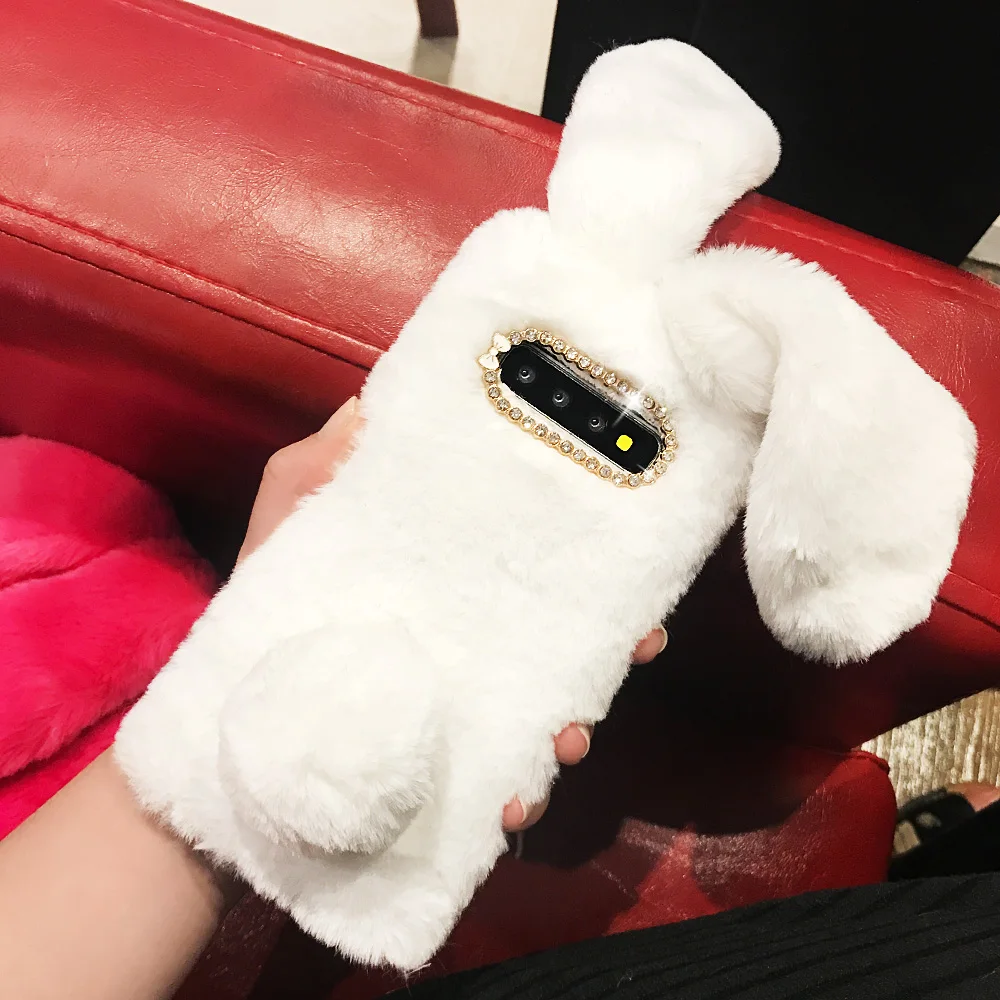 Fluffy Rabbit Fur For Samsung S9 S8 Plus S7 S6 edge A40 A50 A70 soft TPU For Galaxy S10 S10 Plus lite Case Bling Back Cover