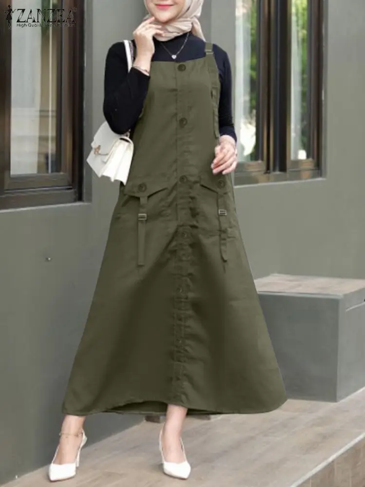 Summer Spaghetti Strap Solid Cargo Dress 2024 ZANZEA Women Fashion Overalls Dresses Casual Muslim Dubai Abaya Hijab Sundress