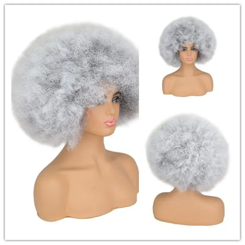 Sintetis Afro keriting Wig dengan poni pendek Wig rambut halus untuk wanita hitam Cosplay Natural