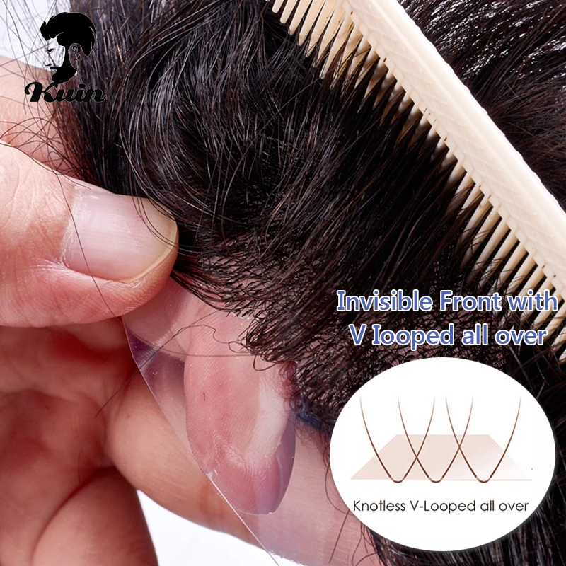 Kuin-peluca D7-3 tupé para hombre, cabello humano, prótesis capilar, Mono y NPU, unidad de sistema de reemplazo de cabello
