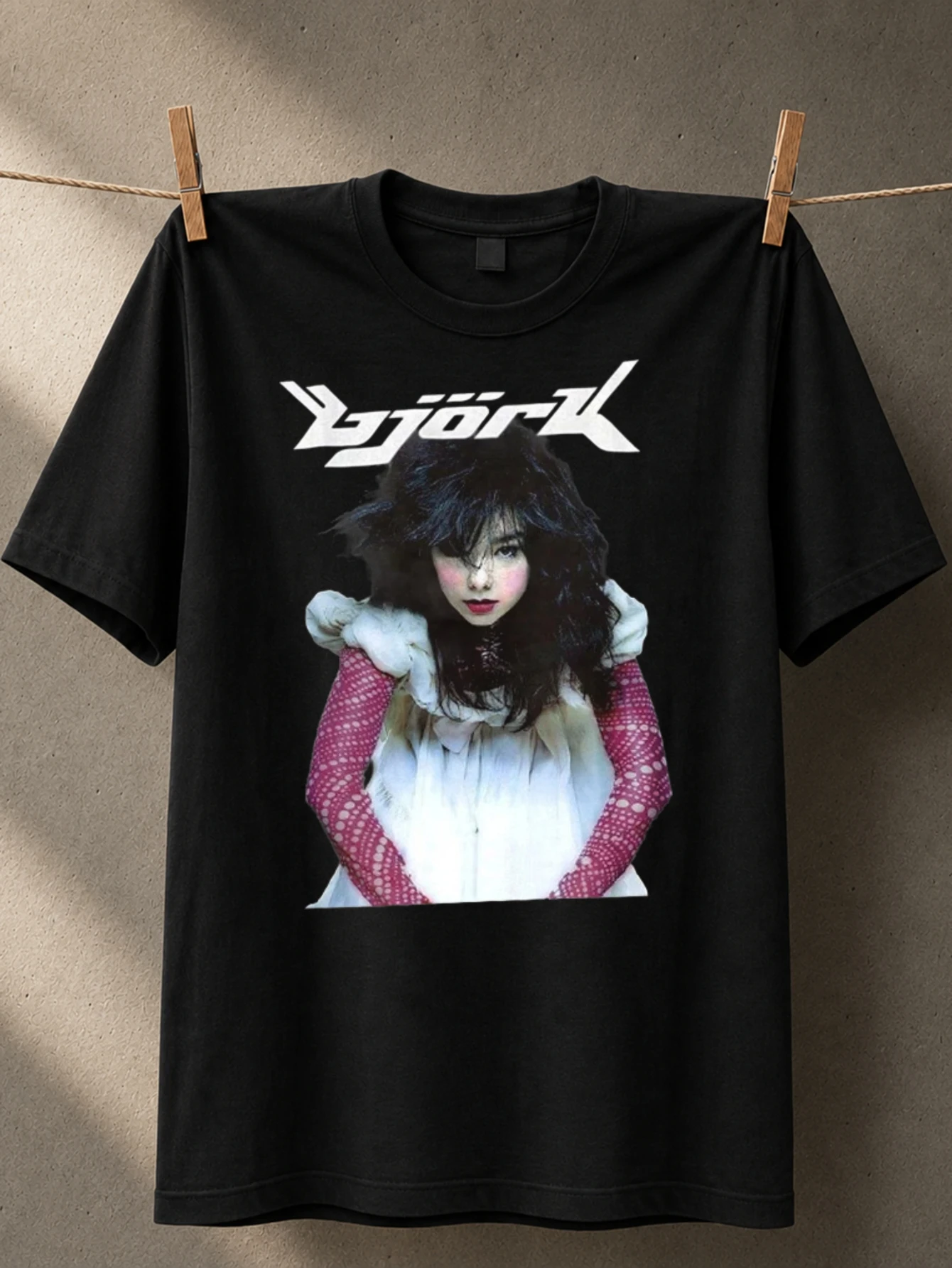 Bjork Portrait  futuristic logo with crouching photo graphic and soft pink sve accent art music  Unisex All T-Shirt