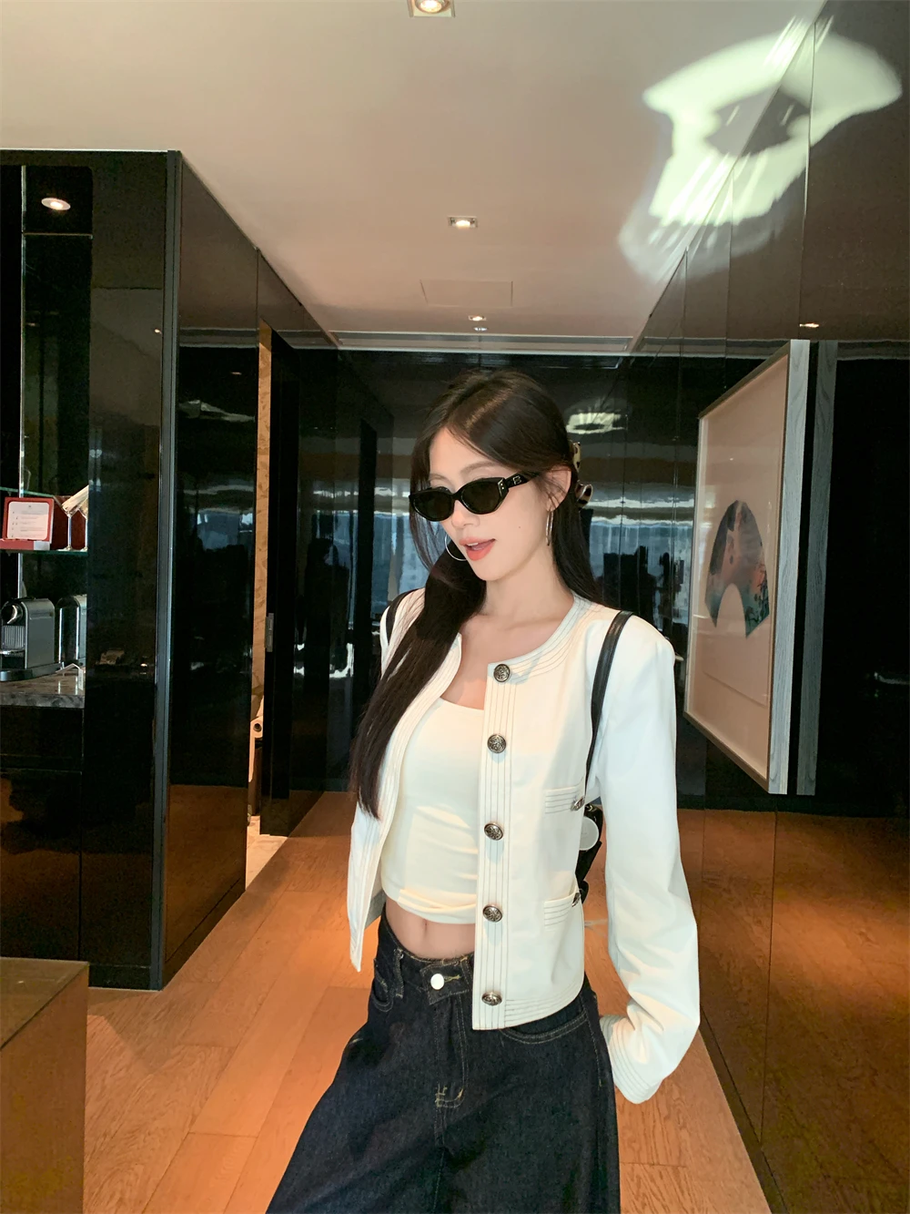 Tweedowa kurtka-płaszcz oversize damska wiosenna casualowa łączona dopasowana Ulzzang vintage z frędzlami ozdobnymi, szyfonowa, ze sznurkiem i kokardą, styl OL