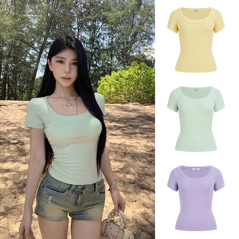 MosesQueen Slim Fit Short Sleeve T-Shirt U-Neck Shoulder Width Regular Length Casual Women's Top Fashion Summer 2026