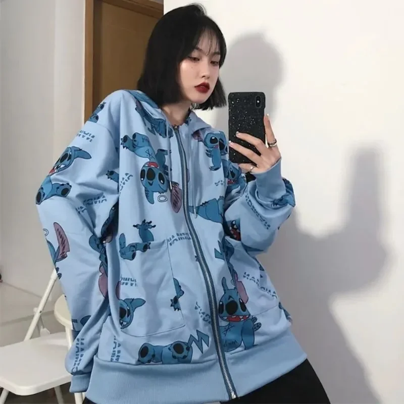 Creative Disney Stitch new cute creative cartoon pattern print statement fashion loose and comfortable hooded cardigan jacket