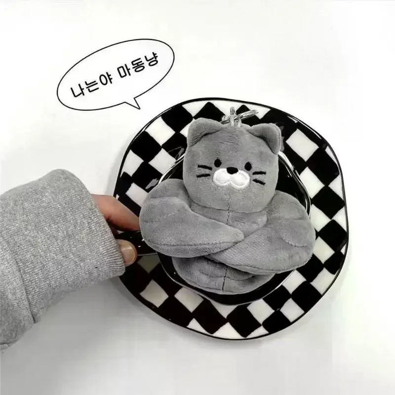 Fluffy Gray Muscle Cat Plush Keychain Cartoon Plush Keyring Bag Pendant Backpack Ornament Gift For Cat Lovers Soft