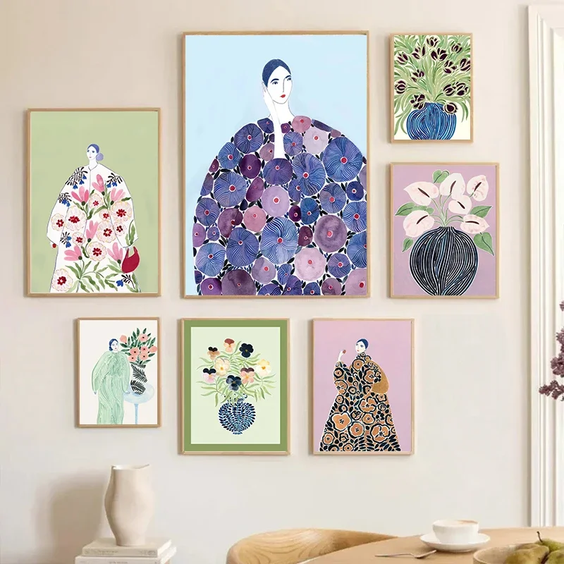 Tulip Violets Vase Woman Coat Flower Posters Light Green Abstract Aesthetics Canvas Painting Print Pictures Living Room Decor