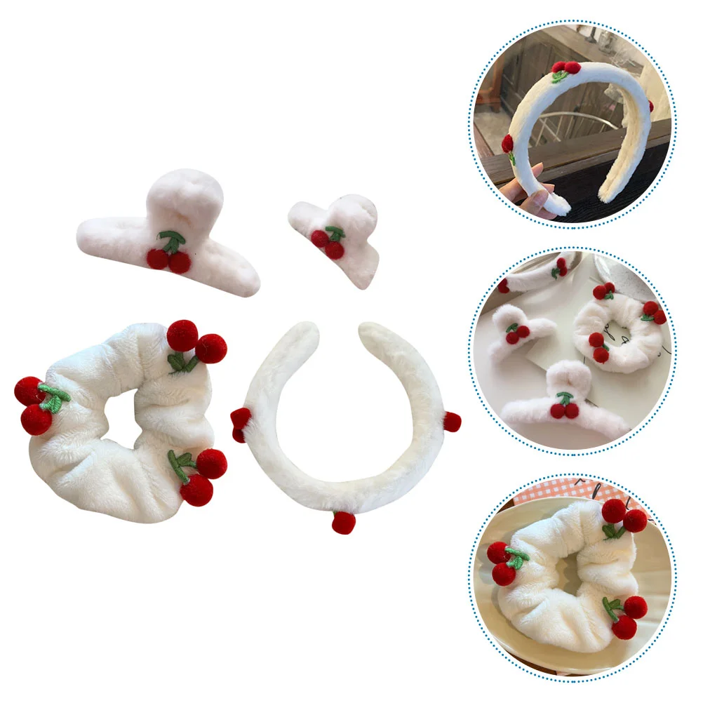 

4pcs Adorable Plush Cherry Hair Ties Cute Hair Styling Tools Lovely Headband Girls Plush Hair Ornament Plush Headband Hair Acces