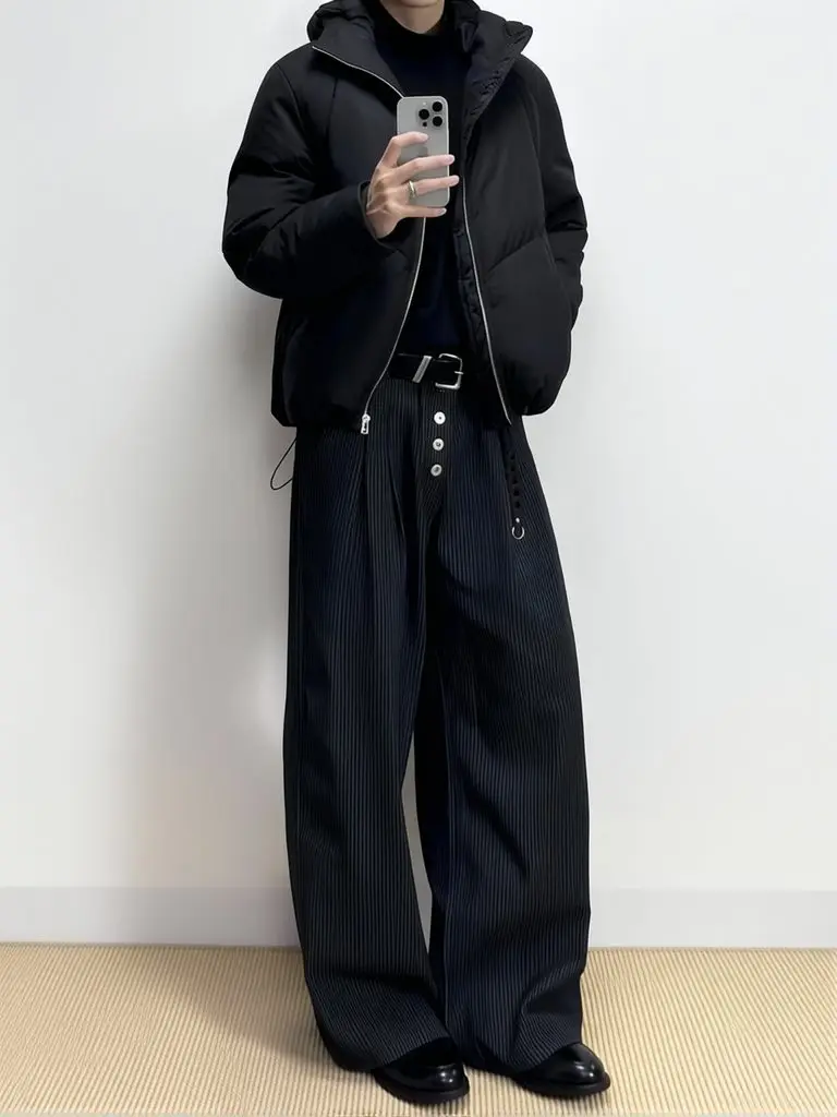 Old Money Men Wide Leg Suit Pants Casual High waist Button Dress Pants Fashion Streetwear Straight Long Trousers Work Wear