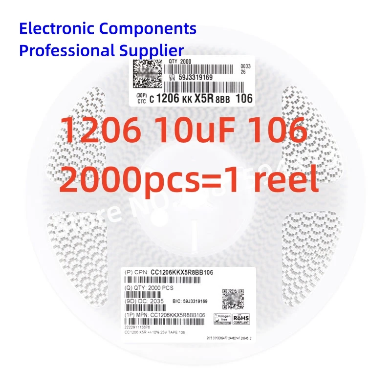 

2000pcs/reel SMD chip capacitor 1206 10uF 10V 16V 25V 50V 6.3V 3216 3.2X1.6mm 10% X5R CC1206KKX5R8BB106 NEW High quality 1 reel