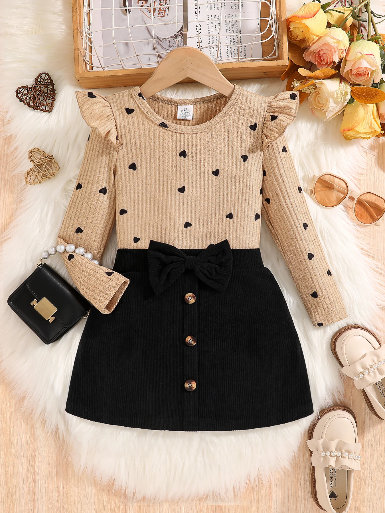 2-Piece Set for Girls in Spring and Autumn: Fashionable and Elegant Dress Set for Young Girls, Featuring Round Neck Ribbed Lace