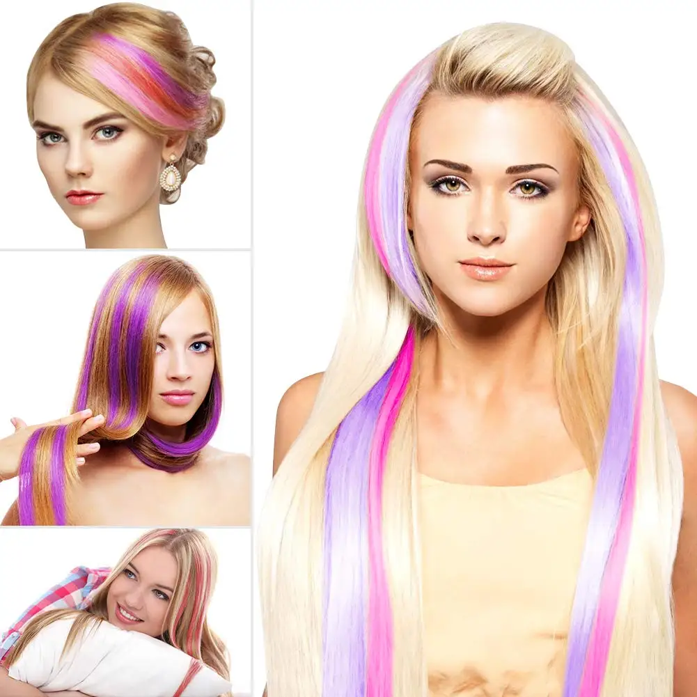 Extensiones de Cabello sintético para fiesta, pelo liso con Clip colorido, 13 piezas, 55cm, arcoíris
