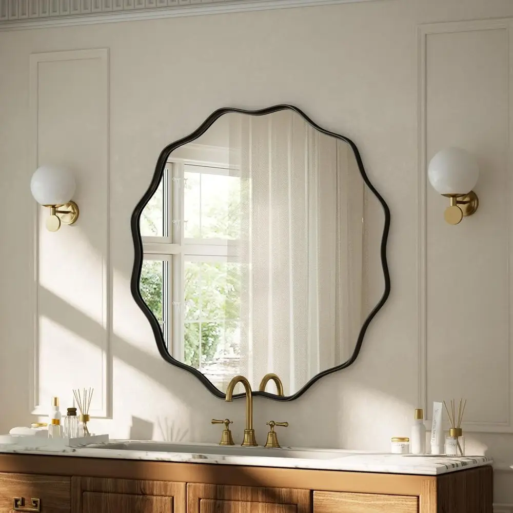 مرآة حائط مستديرة بحافة صدفية مقاس 20 بوصة مع إطار معدني مزخرف لديكور المنزل