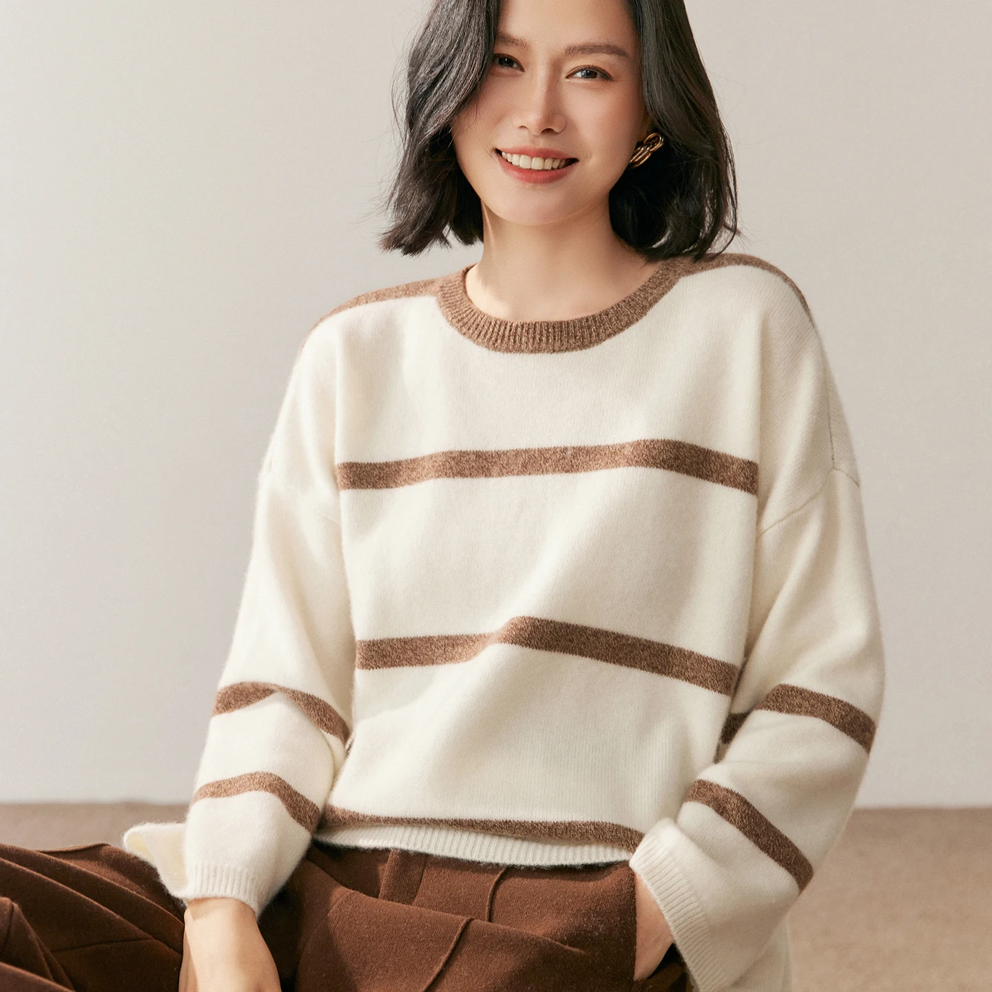 Women O-neck Striped Pullover 100% Cashmere Sweater Casual Loose Knitwear Jumper Autumn Winter One Size Bust 130cm Cashmere Top