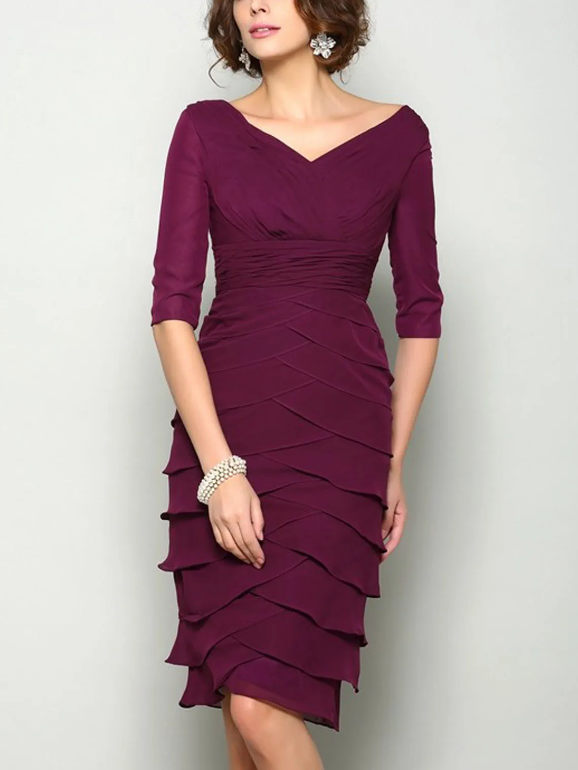 

Elegant Fashions Sheath Evening Dress V-neck Pleated Chiffon Knee-Length 1/2 Sleeves Wedding Guest Dress 2025 Free Customized