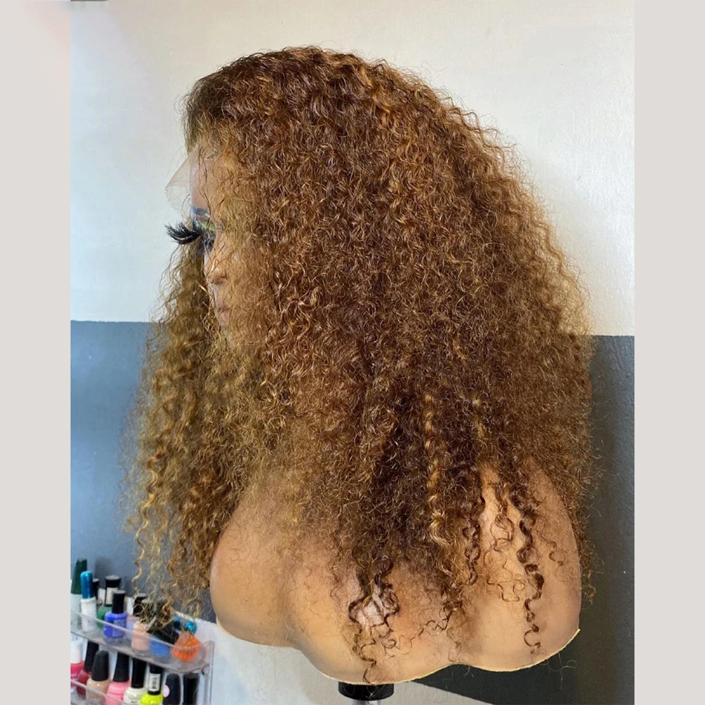 

Preplucked 26“ Long Ginger Brown Honey Blonde 180%Density Glueless Kinky Curly Lace Front Wig For Black Women BabyHair Daily