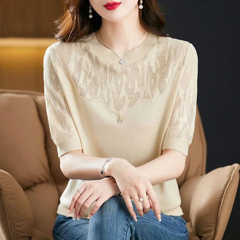 여성 스윗 스웨터 한국 라운드넥 시크 반팔 블라우스 풀오버 여름 레트로 슬림 홀터넥 크롭탑