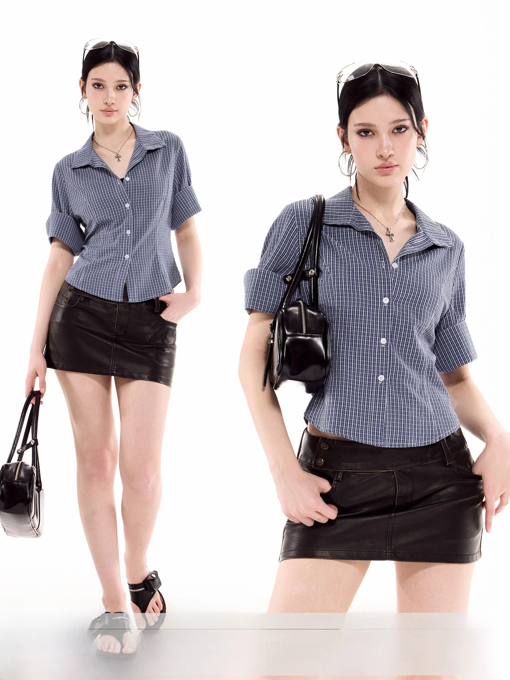 

Ретро-рубашка-жакет в индиго-клетку с рукавом до локтя, женская летняя новинка, с завышенной талией, рукав до локтя, повседневный стиль