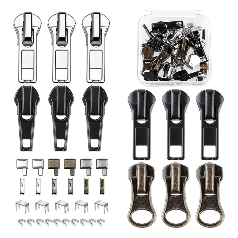 Zipper Repair Kit, 5 Zipper Replacement Slider Kit, Zippers Pull Zip Head Bottom Stop And Top Stop Fix Zipper On