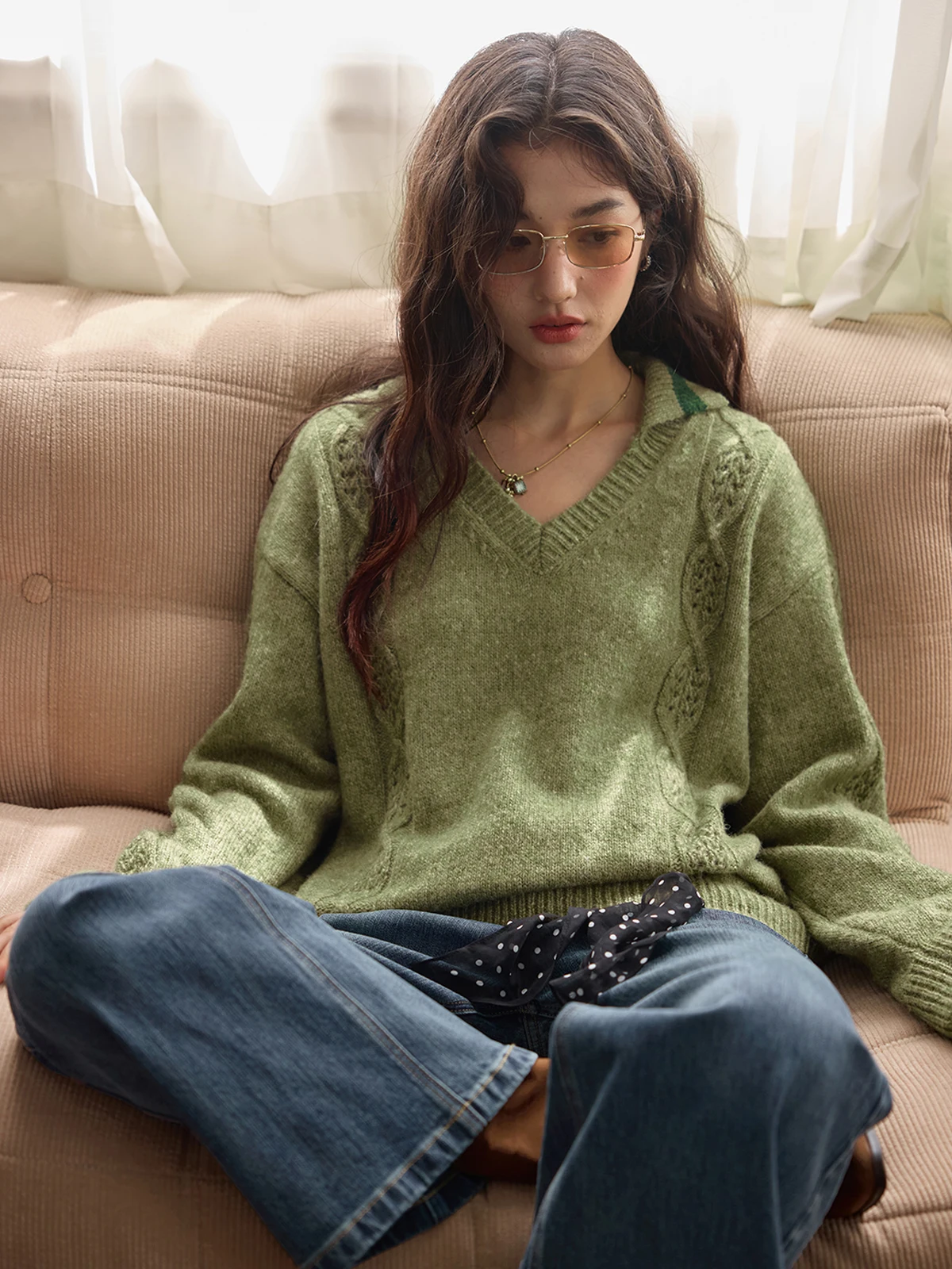 

Solighter Women's Knitted Wool Sweater V-Ne Pullover Loose Casual Knitwear Autumn Winter New Sle Comfortable Long Sve Top