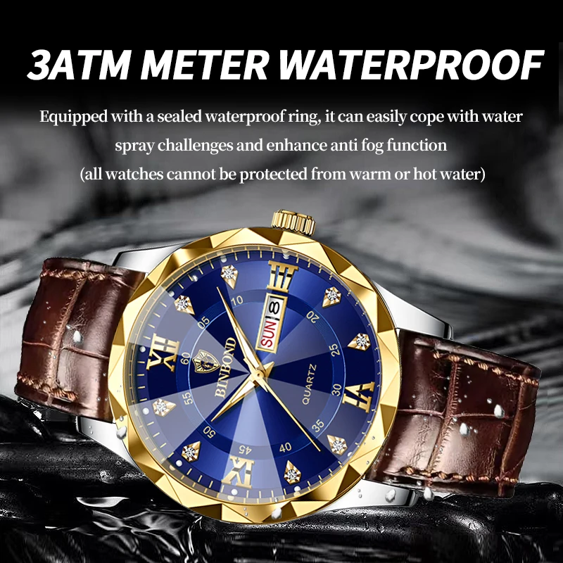 BINBOND New Fashion Mens Watches Quartz Movement Watch Luxury Leather Strap with Calendar Waterproof Sport Wristwatch For Man