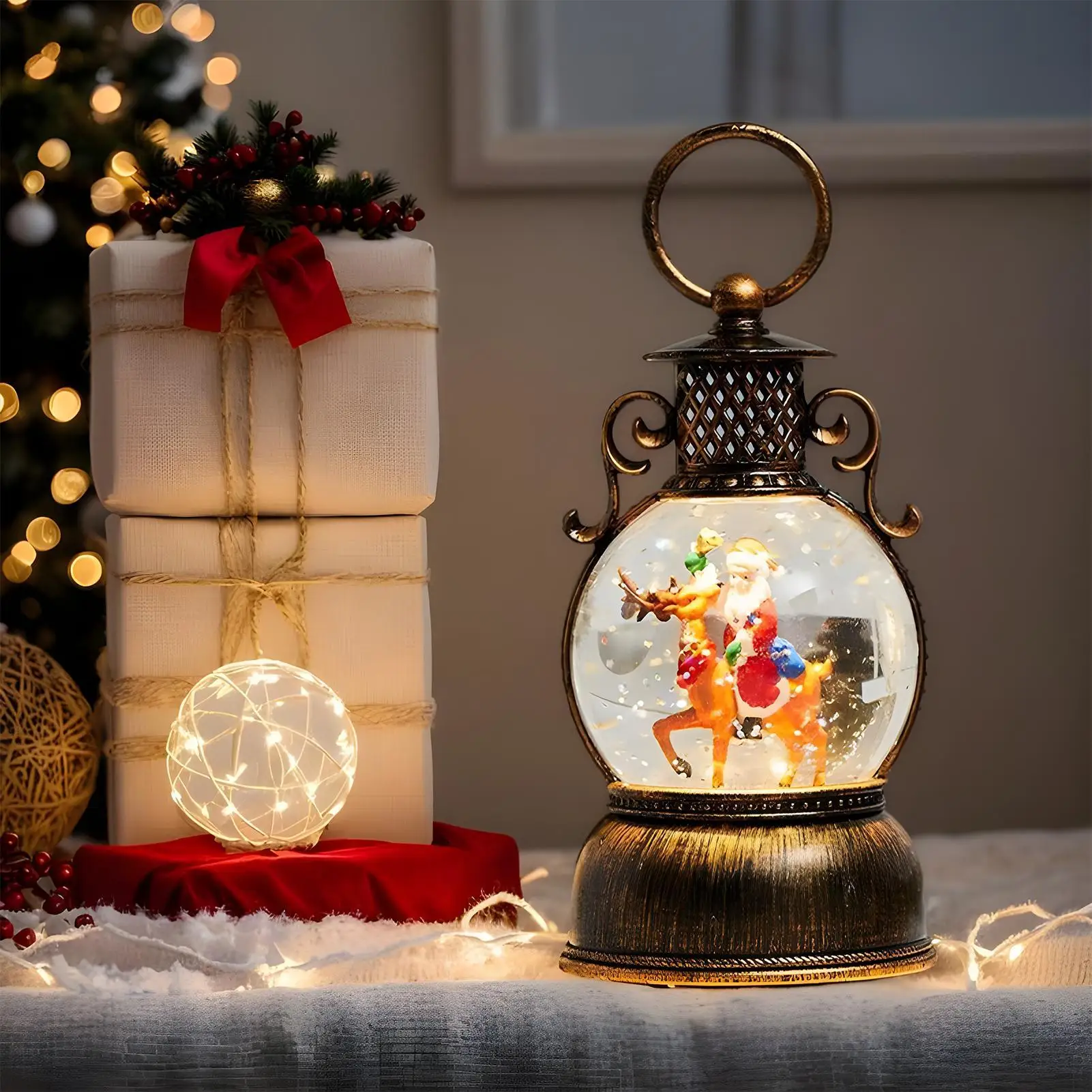 Natal globo de neve lanterna temporizador de 6 horas com alça natal globo de neve lanterna glitter decoração para amigos adolescentes homens mulheres