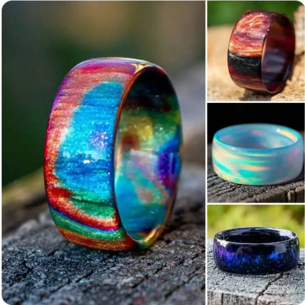 7 Colors Fire Opal Rings for Women White Created Opal Band Carbon Fiber Lining Iridescent Color Changing Opal Ring Jewelry