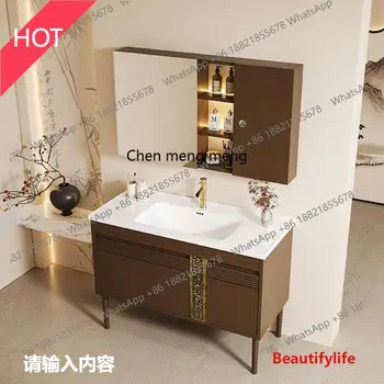 M45 Medieval style solid wood bathroom cabinet combination bathroom ceramic integrated basin mirror cabinet wash basin