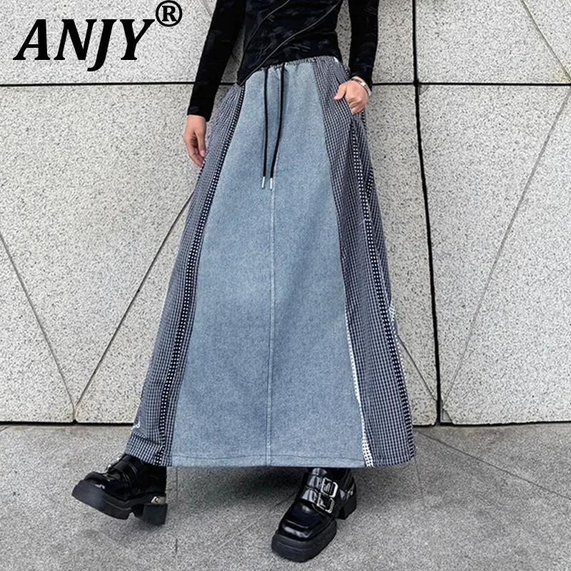 ANJY Spring Summer New Women American Style Plaid Patchwork Denim Skirt Trendy Drawstring Elastic Waist Loose Long Skirts A21218