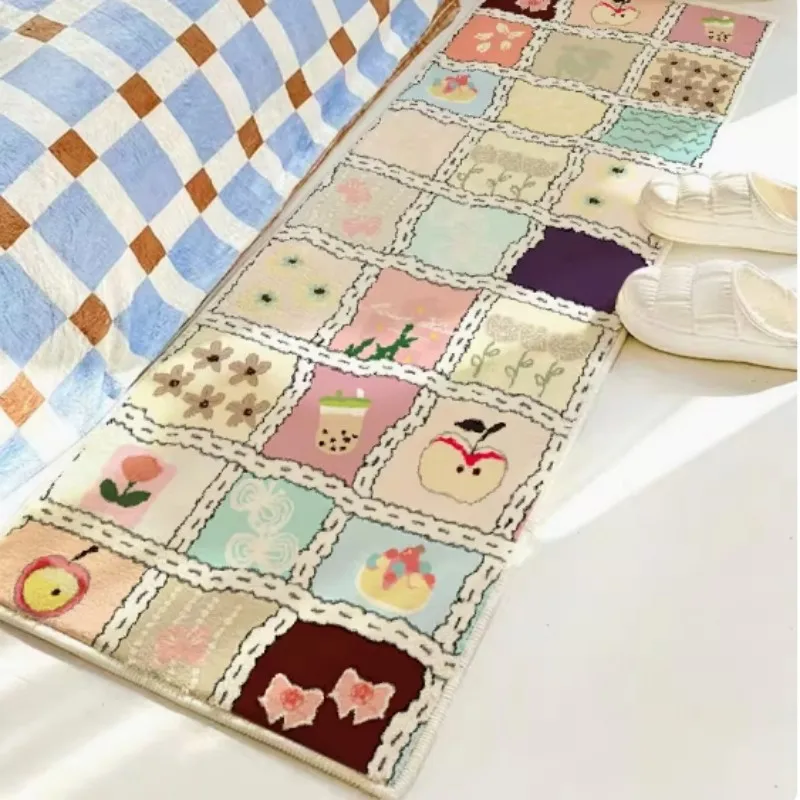 VIKAMA Tapis Girly mignon à carreaux - Tapis à carreaux patchwork de dessin animé pour la décoration de la pièce en direct, tapis en peluche ultra doux pour chambre de fille