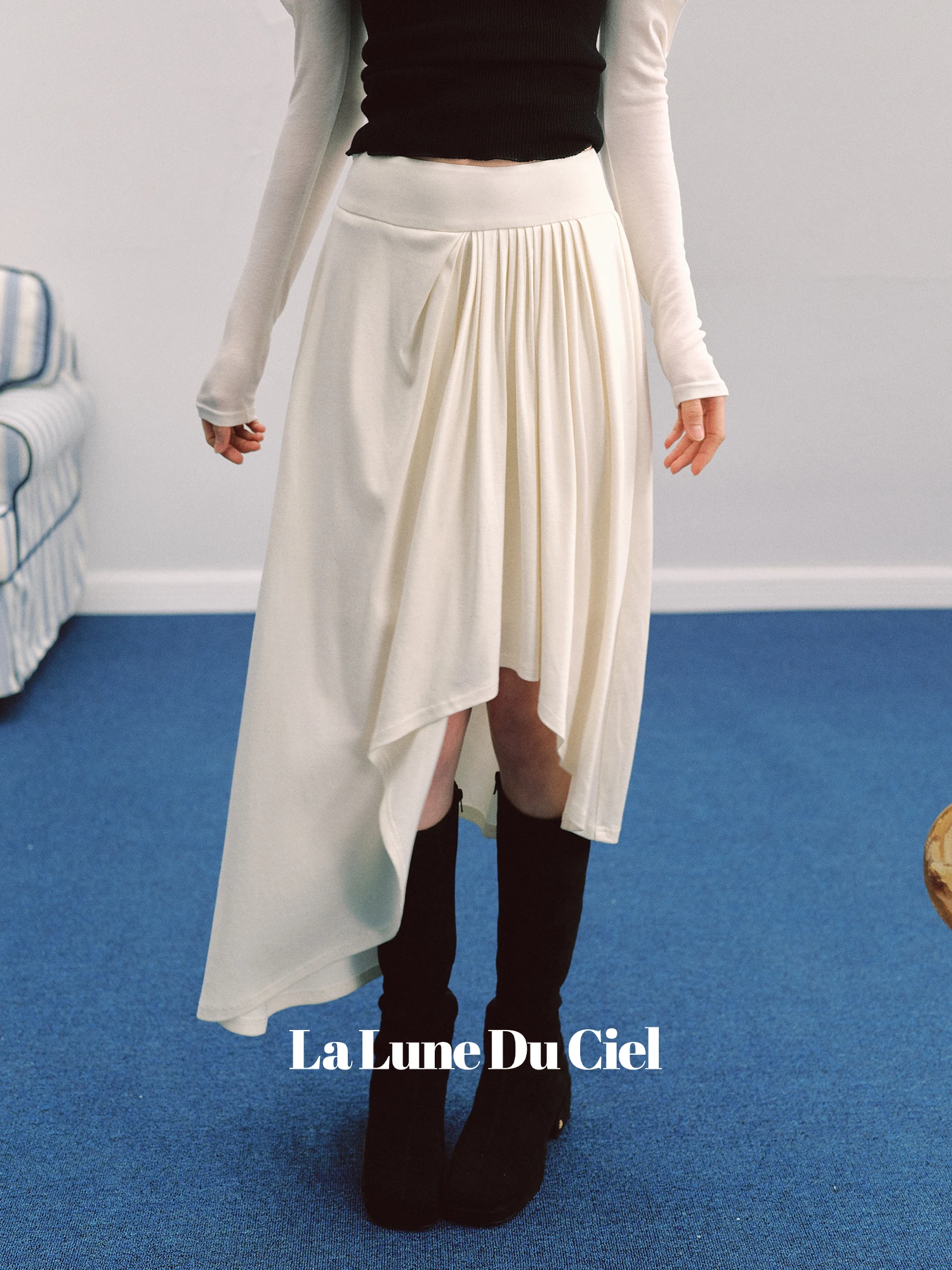 

LaluneDuCiel Casual Mid-Length Asymmetrical Women's Skirt Cotton Elastic Fiber Loose Fit Casual Scene No Slit Feature