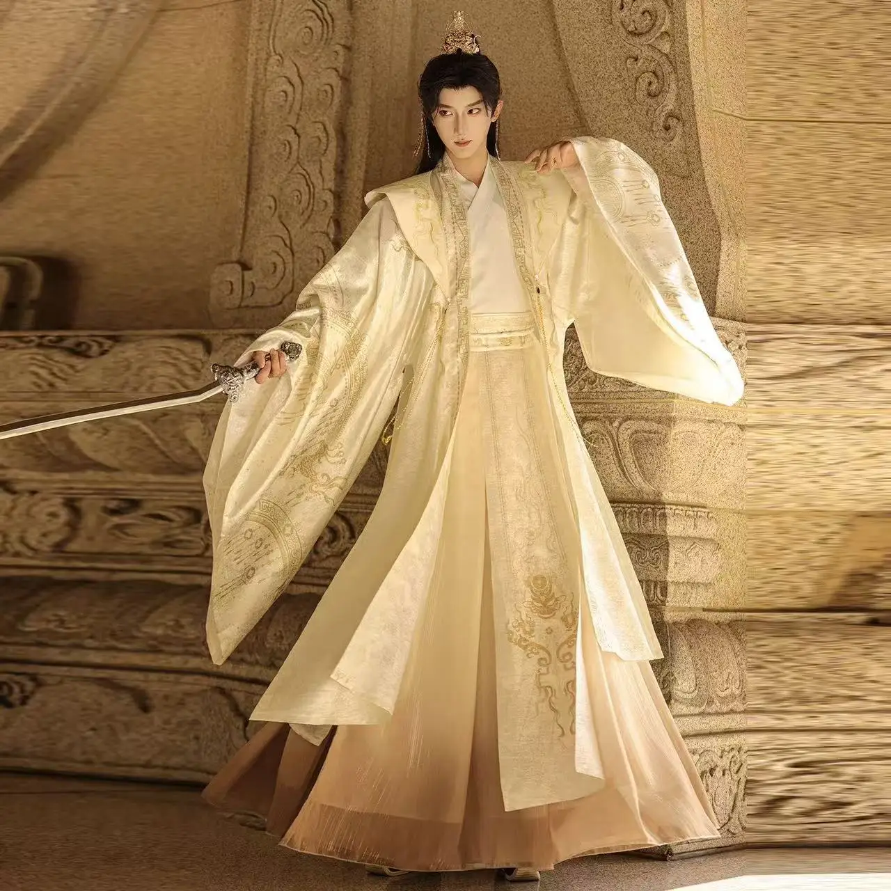 

Palace Style Champagne Gold Hanfu Men Women Traditional Chinese Jacquard Clothing Carnival Event Wuxia Cosplay Costume Stage
