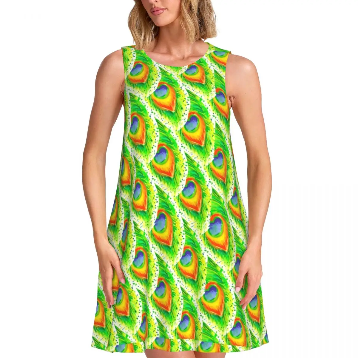 Peacock Print Casual Dress Watercolor Painting Sexy Dresses Women Daily Simple Print Oversize Casual Dress