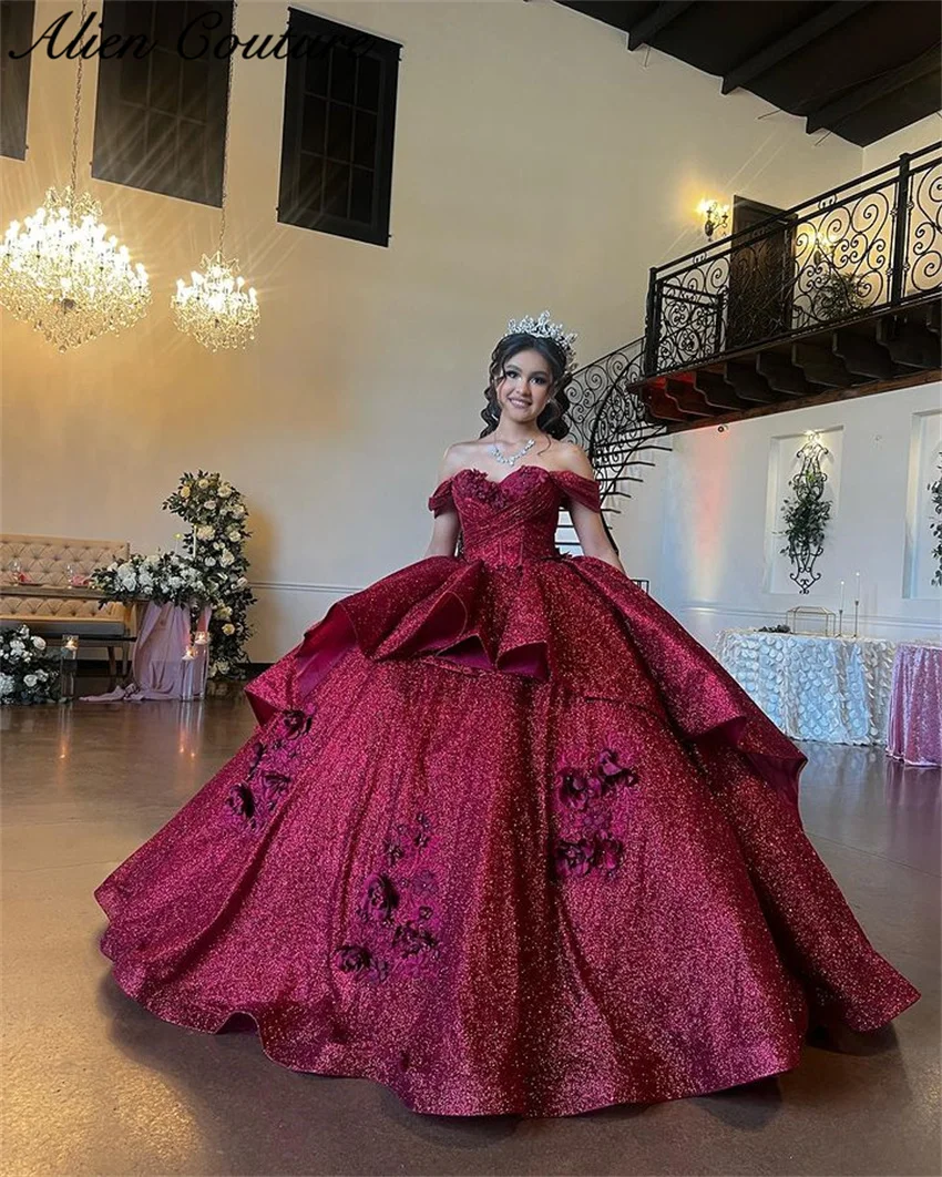 

Sparkly Red Quinceanera Dress 2024 Beads Pearls Applique Ball Gown Birthday Dress Vestidos De 15 Años Lace-up