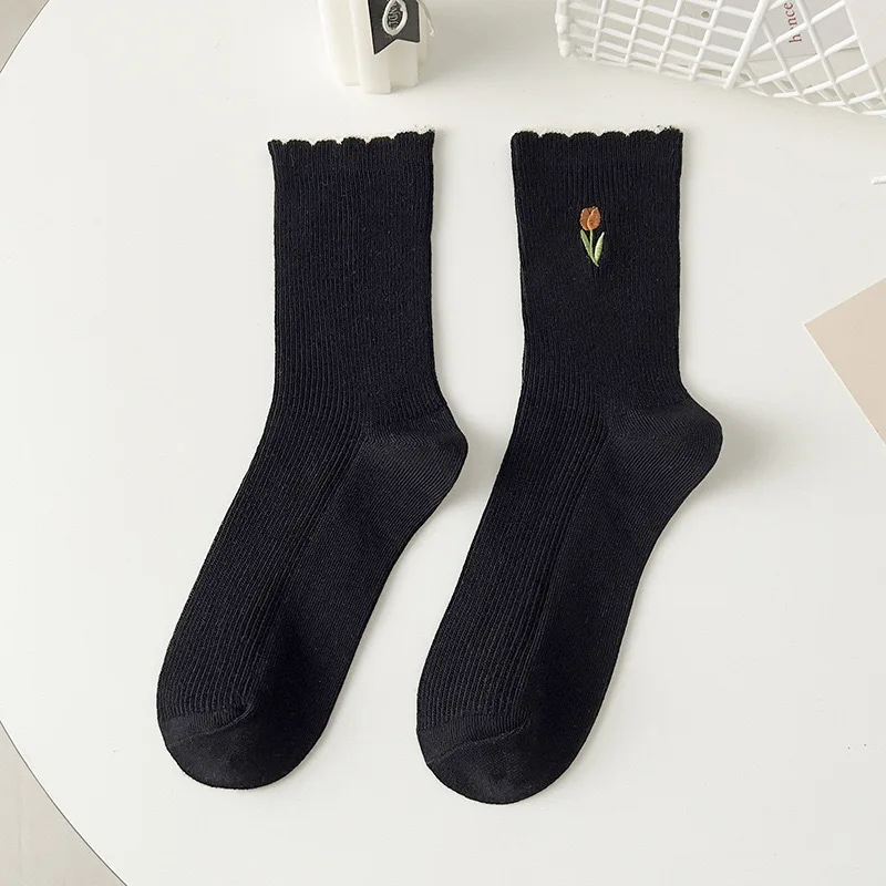 5 Paar Damen-Socken mit Blumenmuster, Frühling und Herbst, koreanischer Stil, atmungsaktiv, einfarbig, lässige Socken, Kokette-Socken