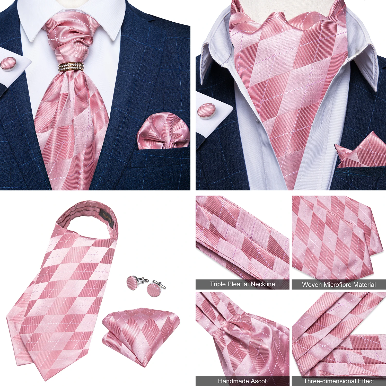 Luxury Men Green Blue Paisley Ascot Tie Set Solid Necktie Ring Wedding Party Cravat Purple Ties Pocket Sqaure Cufflink Free Ship