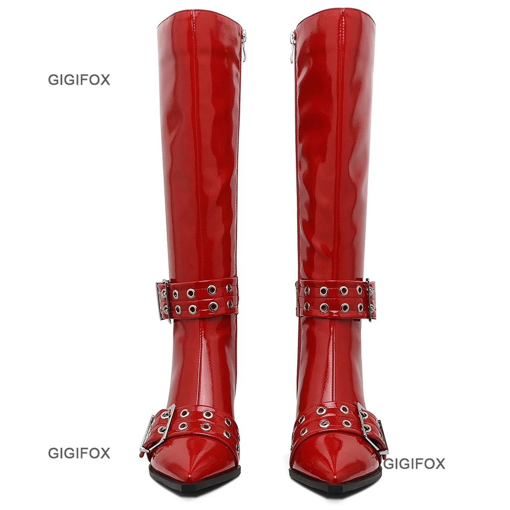 GIGIFOX Pointed Toe Women Zipper Knee-high Boots Chunky High Heel Patent Leather Metal Buckle Shoes Punk Fashion Boots For Woman