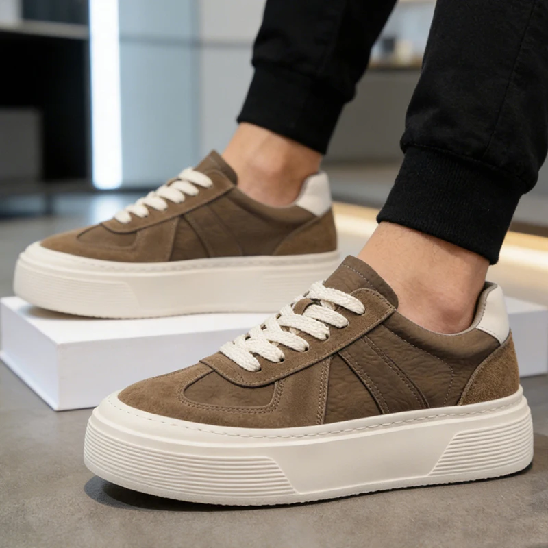 

Мужские повседневные туфли на шнуровке с низким верхом, дышащие, на толстом каблуке, модные спортивные туфли для всех сезонов, с круглым носком, из кожи