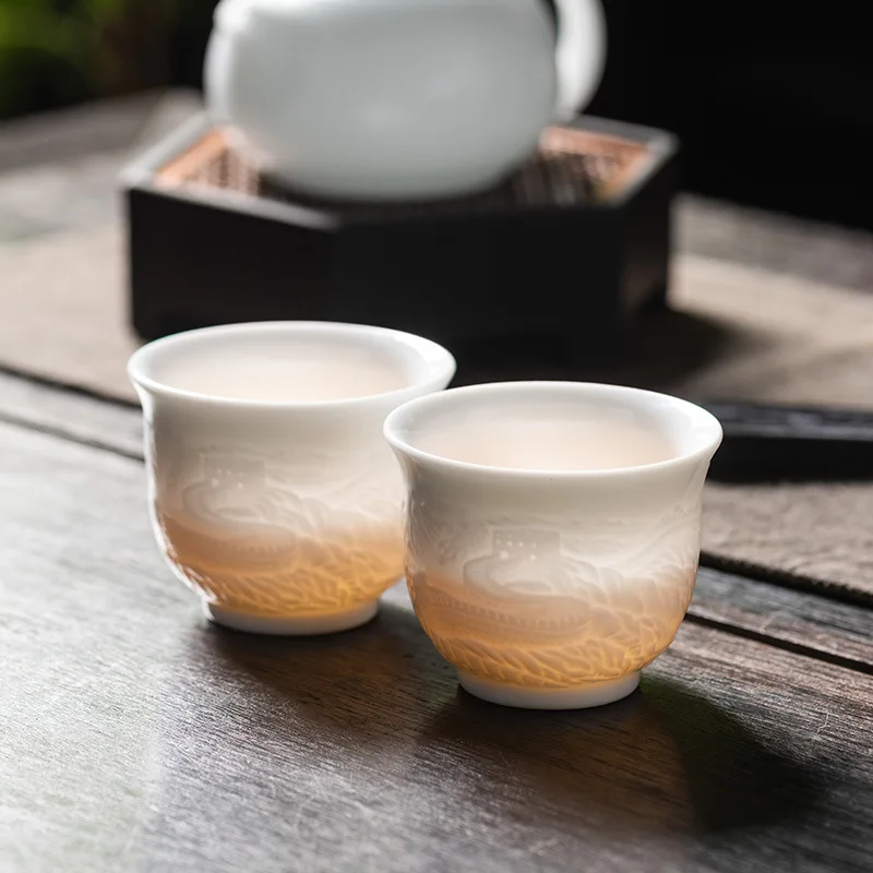 White Porcelain relief sculpture The Great Wall Translucent Teacup Master Cup Ceramics Scent Cup Kung Fu Tea Cup