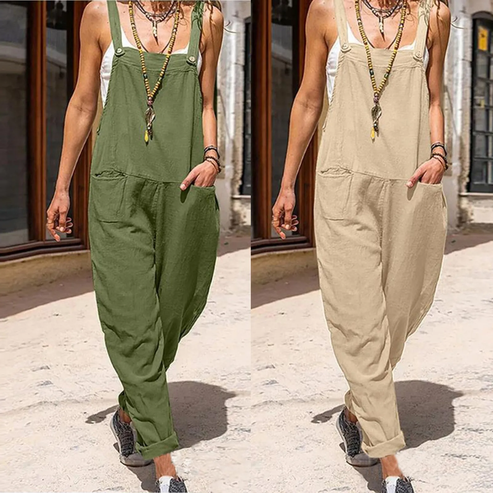 

Rompers 2023 New Brand Women Casual Loose Cotton Linen Solid Pockets Jumpsuit Overalls Wide Leg Long Pants