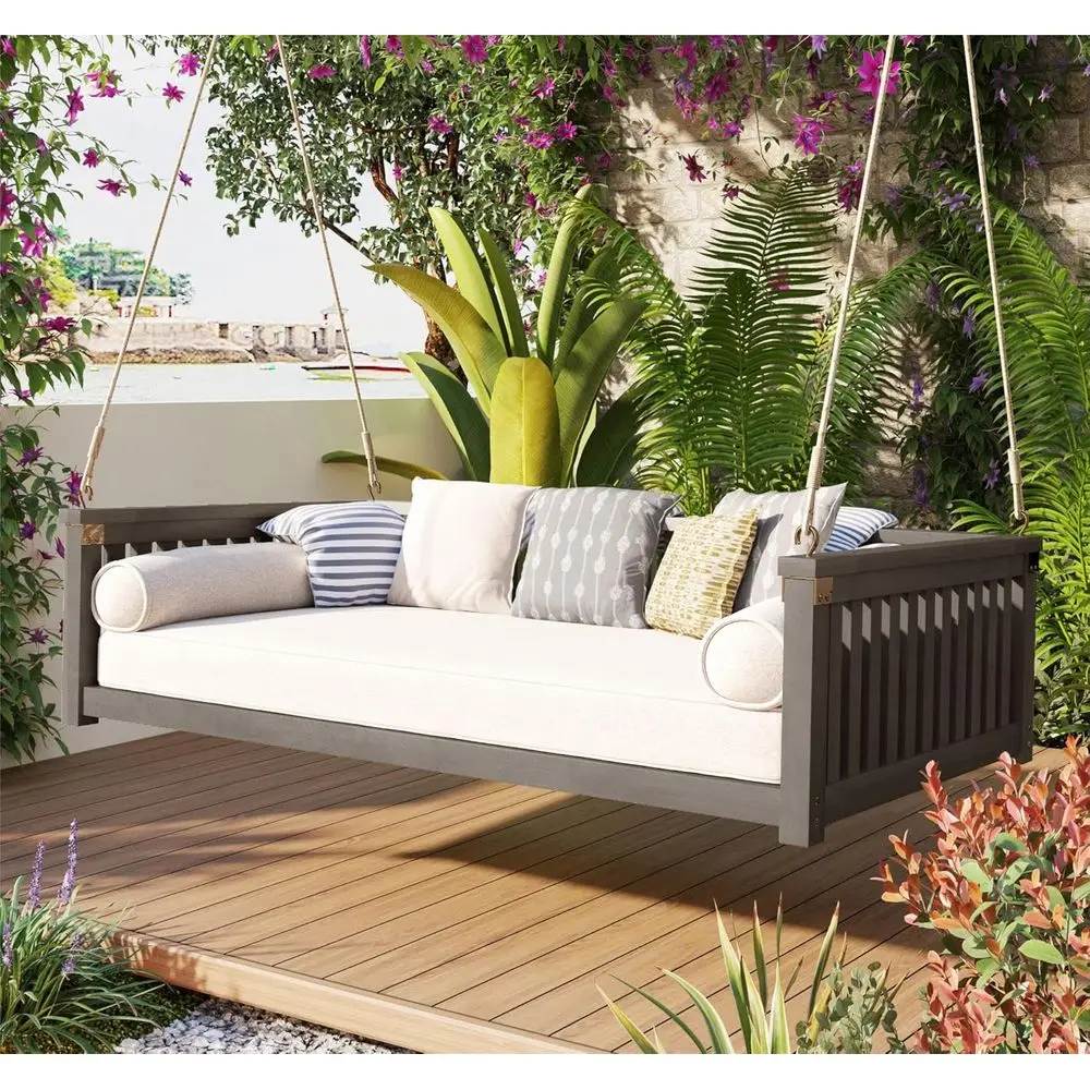 

Minimalist Twin Size Wooden Garden Swing Bed with Ropes, Outdoor Backyard Porch Swing in Gray