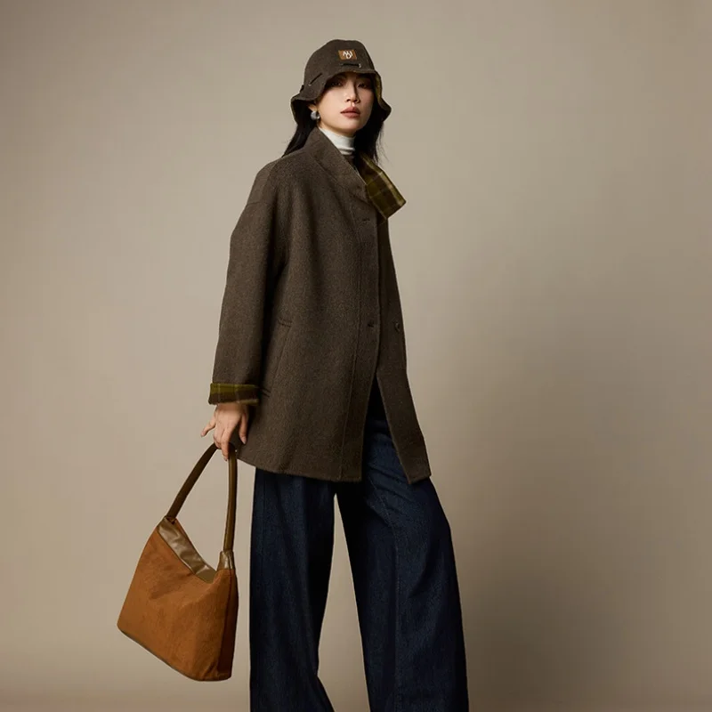 Birdtree, korte jas van wolmix, casual losse tops met opstaande kraag, dubbelzijdig wollen, herfst-winterjas van 2025 T5N410JF