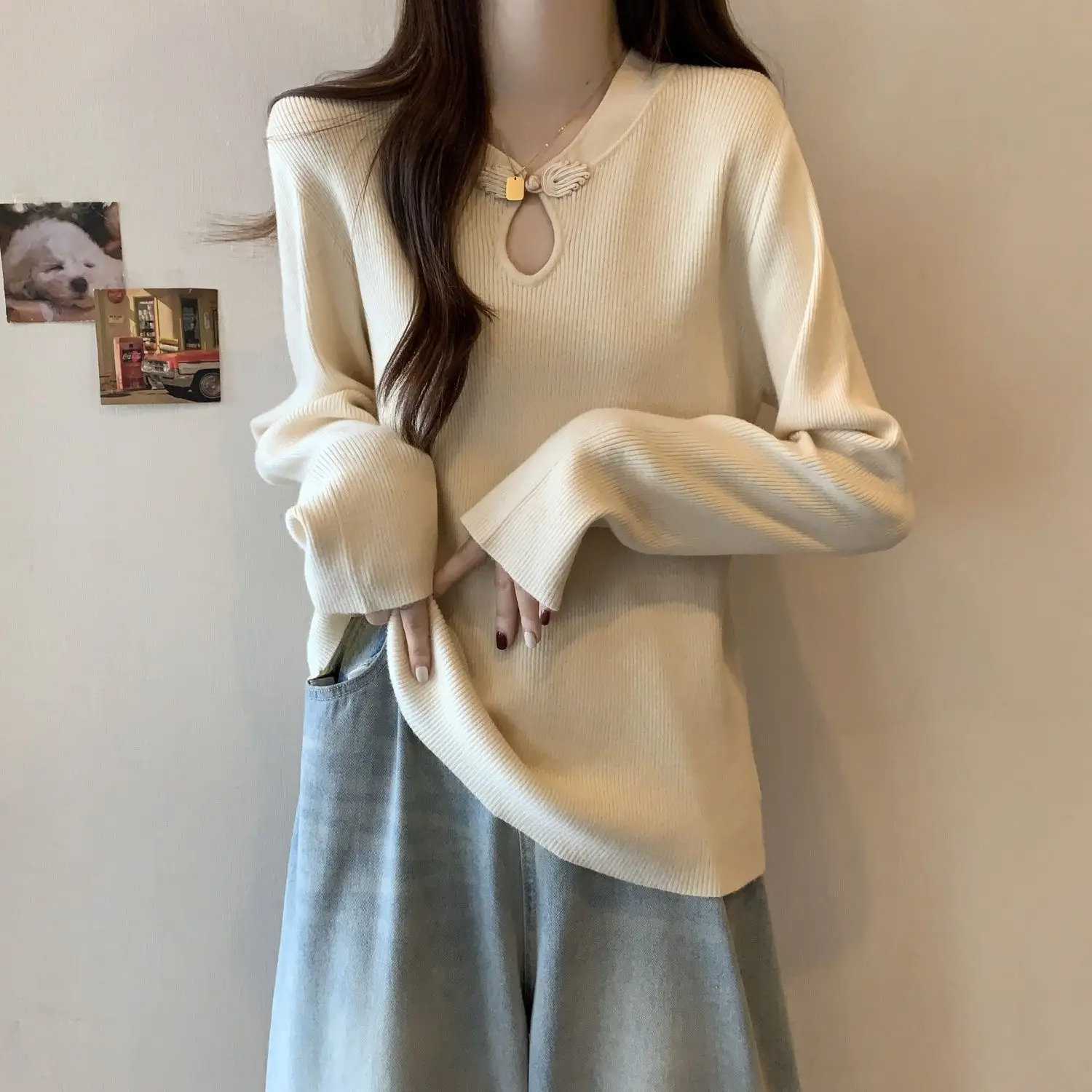 Large size women's clothing autumn and winter new solid color pit strip casual Chinese style disc buckle long-sleeved top