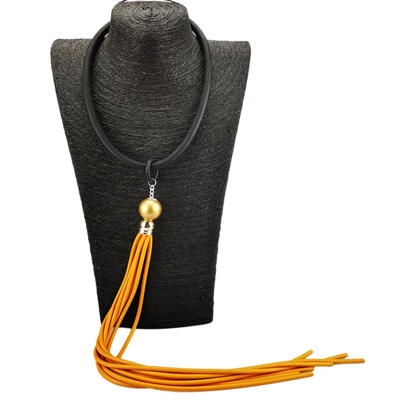 New Bohemian Style Yellow Handmade Tassel Design Rubber Chain Tassel Style Long Necklace Gothic Clothing Matching Sweater Chain