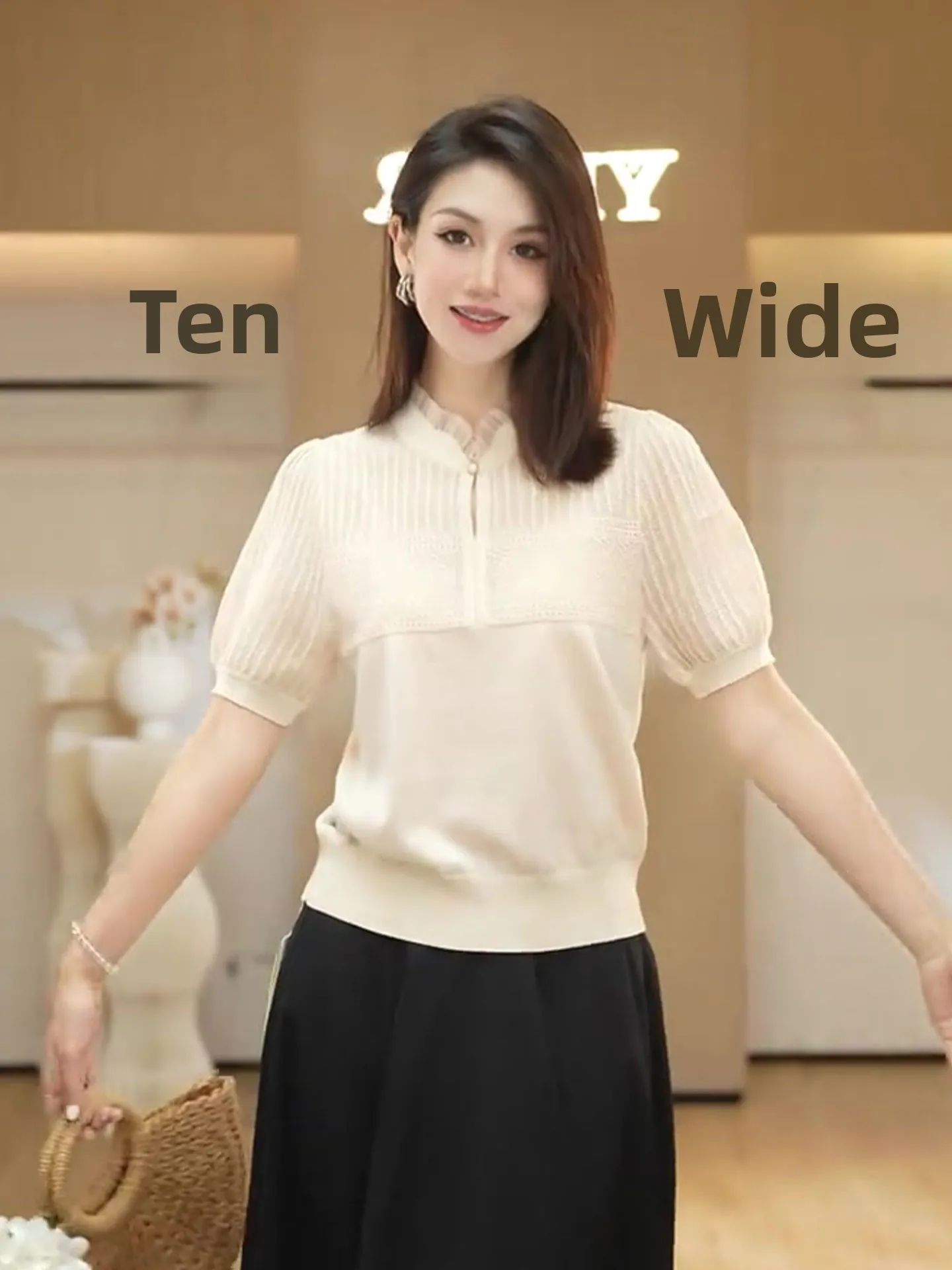 Ele Ice Silk Knitted ort Sve T-irt oulder Width Regular Summer Base Layer White Enhancing Women's Faion Top
