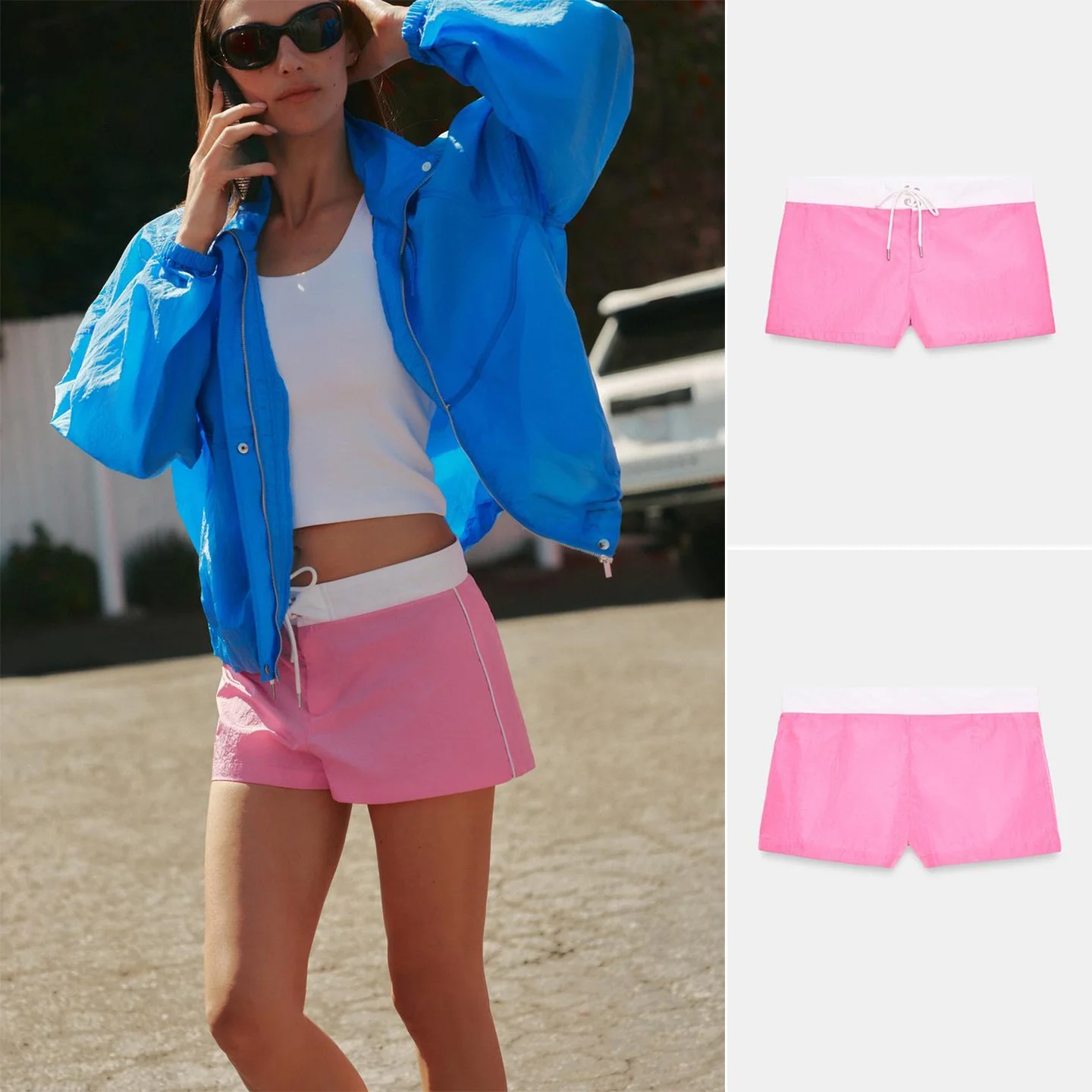 

Summer New Casual Style High Waist Color Block Knot Belted Straight Leg Short Pants Women's Polyester Fiber